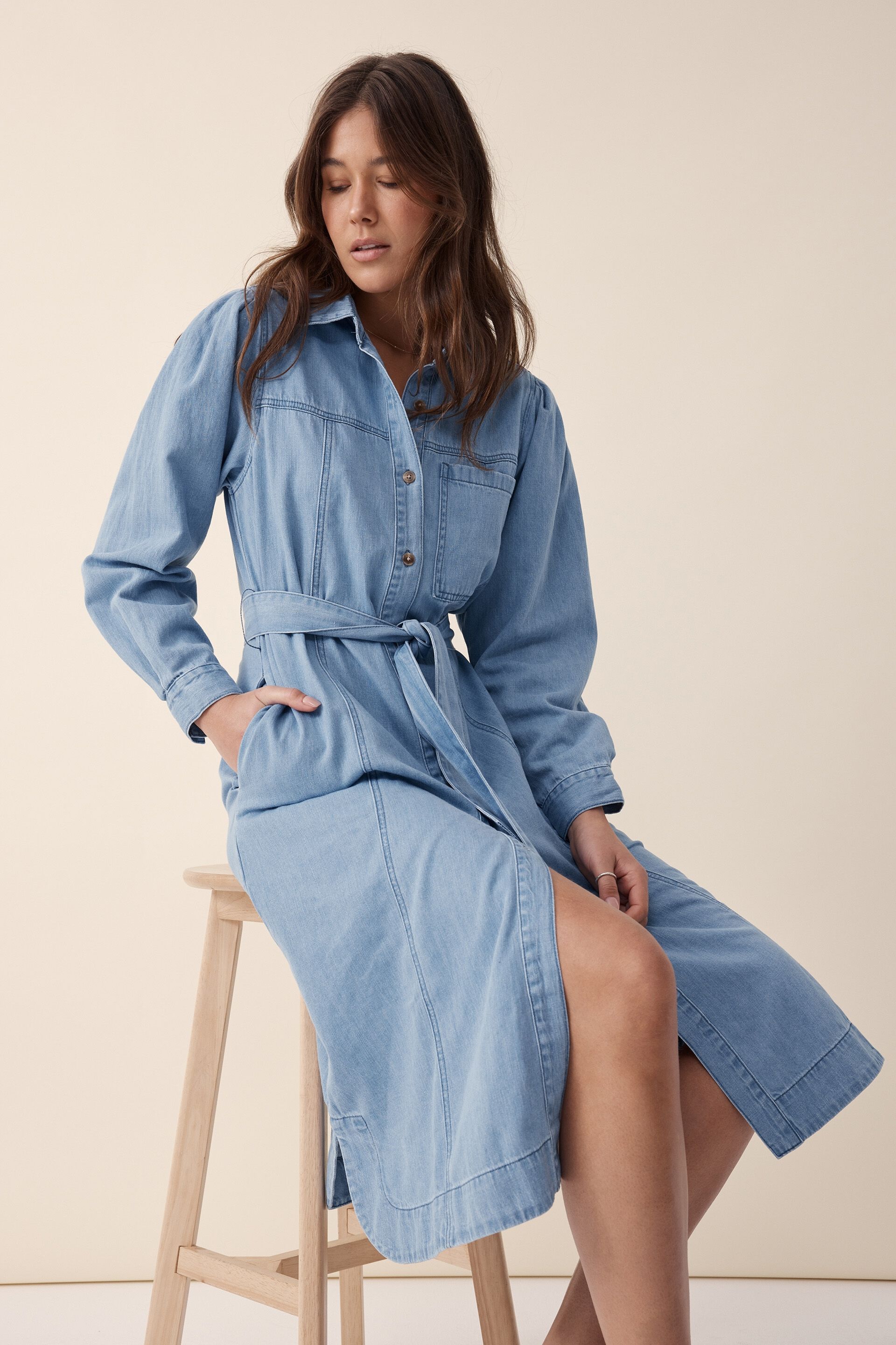 Tailored Denim Rounded Sleeve Midi Dress | Karen Millen